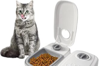 Cat eating from a microchip-enabled automatic cat feeder