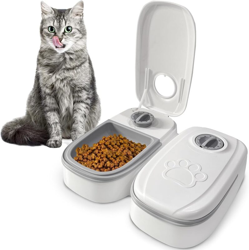Cat eating from a microchip-enabled automatic cat feeder